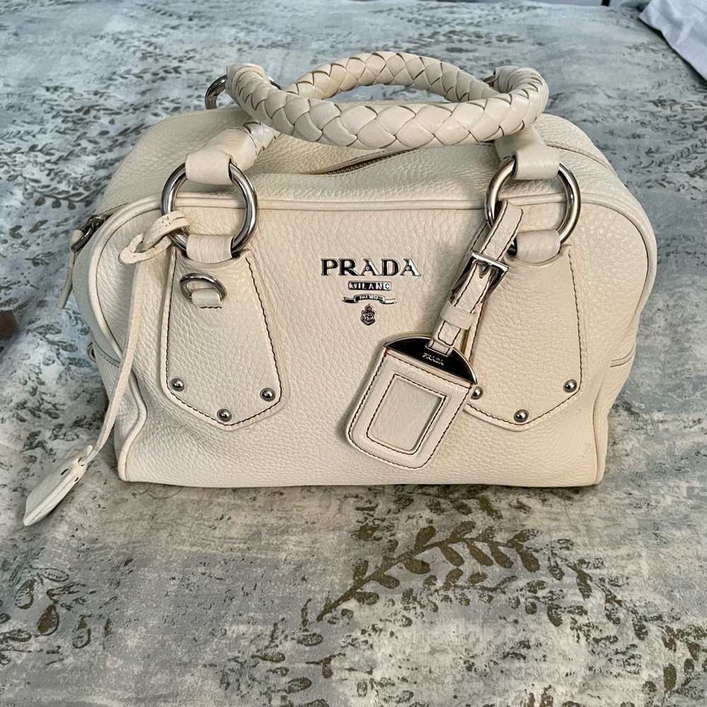 Prada Off-white Pebbled Leather Braided Handle Boston bag